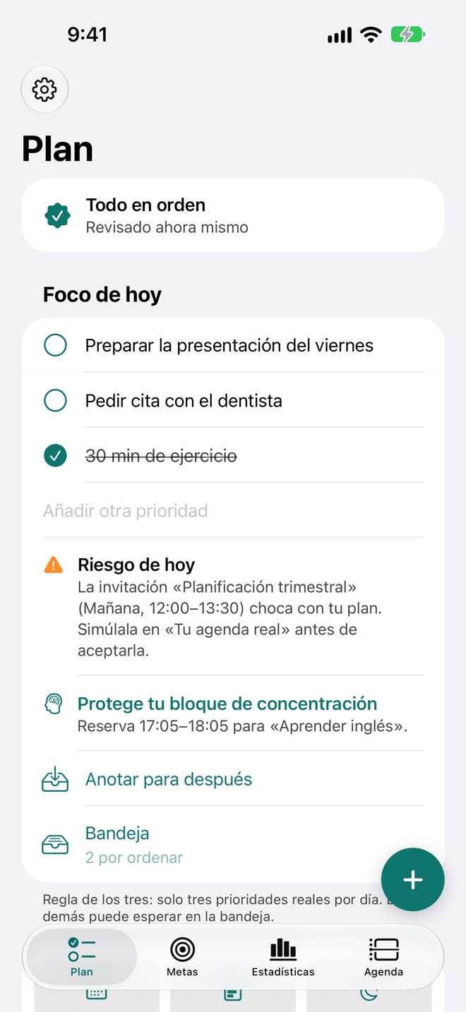 Foco de hoy: tres prioridades, un riesgo y una acción.