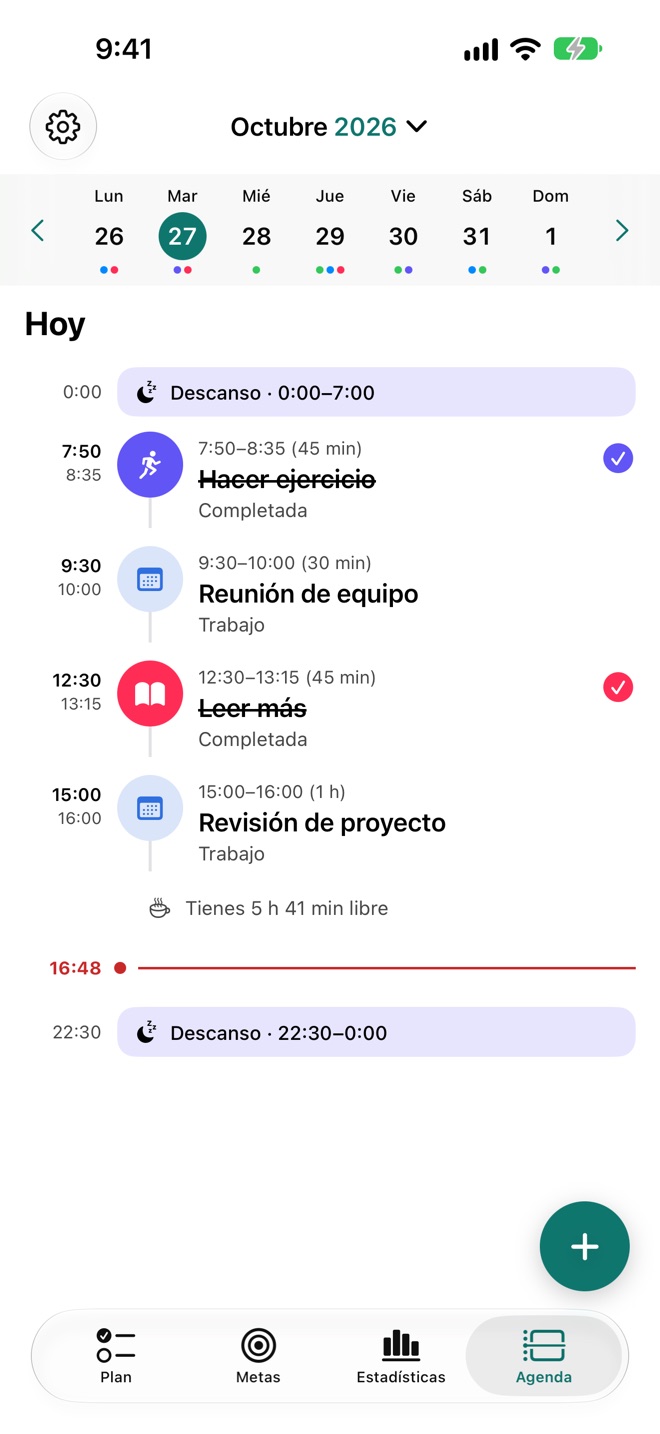 Agenda del día con tus sesiones y eventos.