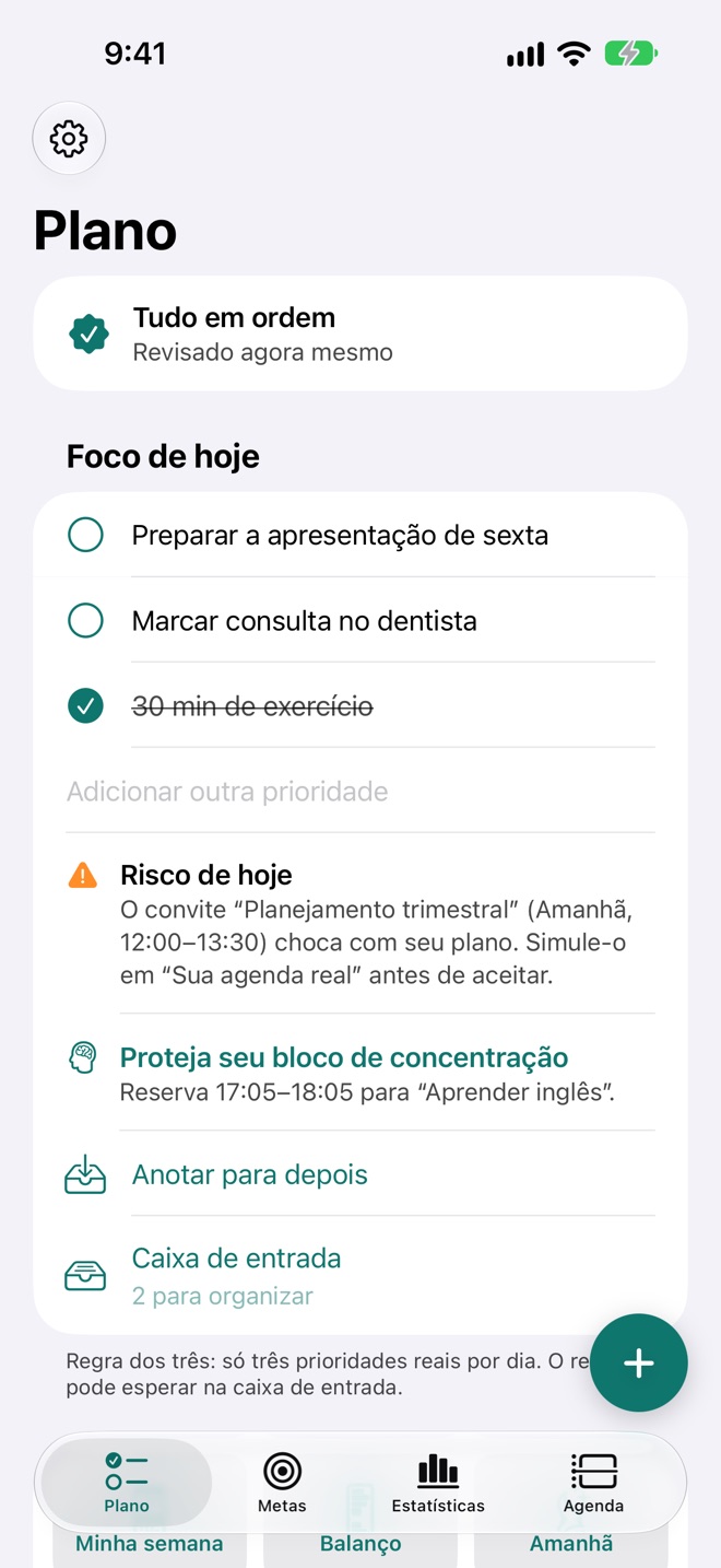 Foco de hoje: três prioridades, um risco e uma ação.